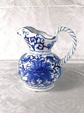 White and Blue Floral Ceramic Pitcher Made for Seymore Mann # 27681